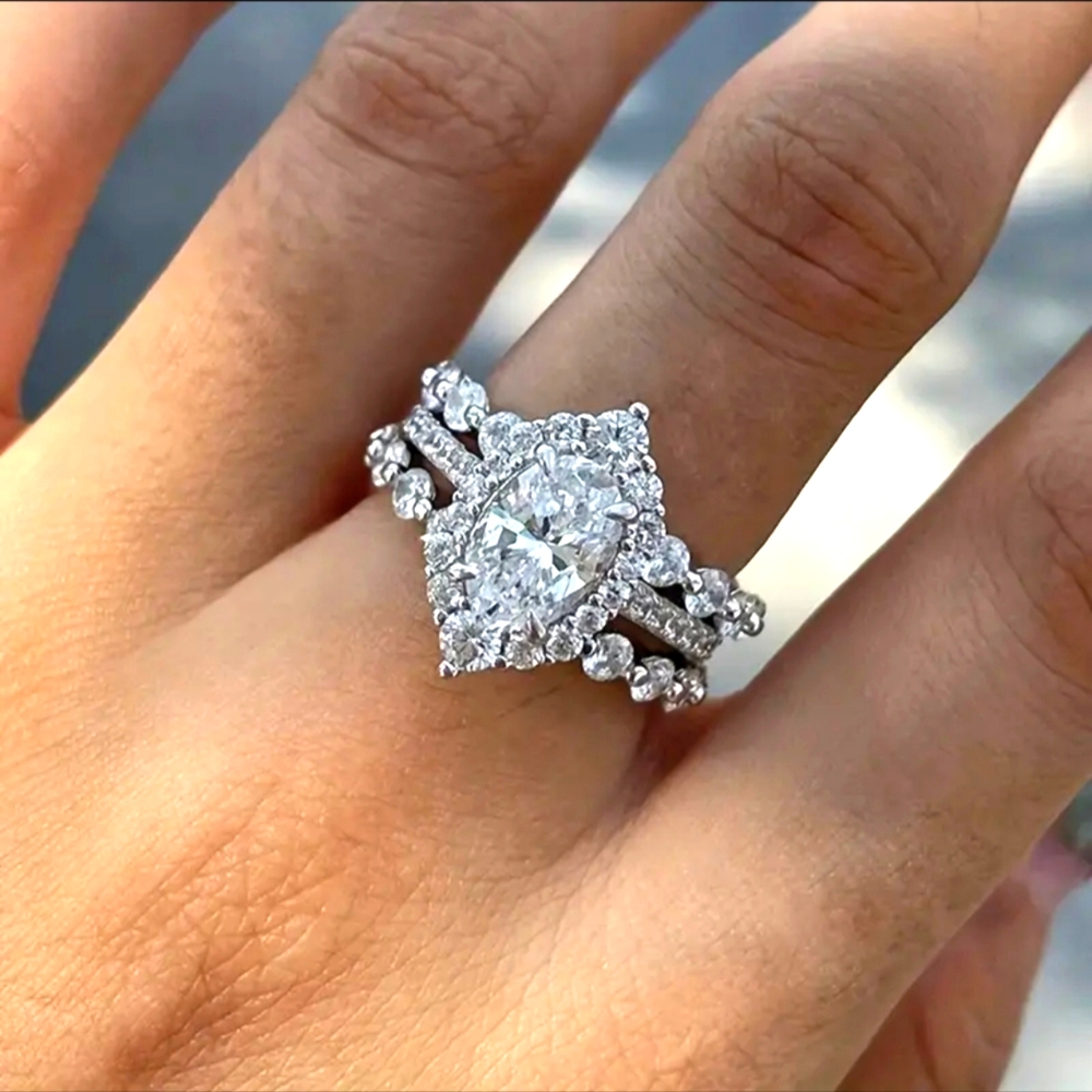 GORGEOUS 3 pc White Gold Engagement Promise Wedding Ring Set Ring Marquise